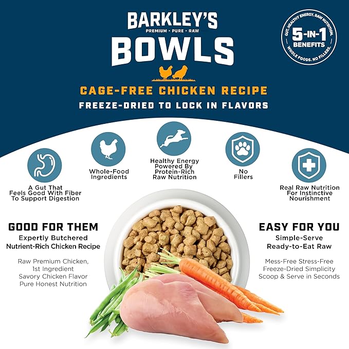 Barkley’s Bowls, Freeze-Dried Raw Chicken Dog Food, Fresh Whole Food Ingredients with Cage-Free Chicken, Grain Free, High Protein for Balanced Nutrition, Dog Treats or Topper, 16 Oz Bag (6 Pack)