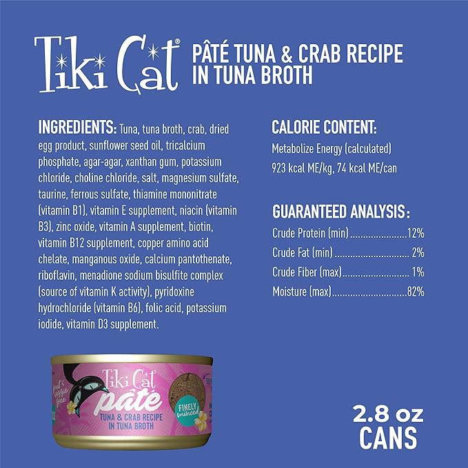 Tiki Cat Grill Pâté, Tuna & Crab, High-Protein and 100% Non-GMO Ingredients, Wet Finely Minced Cat Food for All Life Stages, 2.8 oz. Cans (Pack of 12)