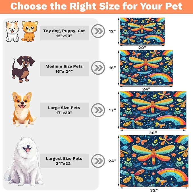Colorful Dragonfly Dog Food Mat for Floors Absorbent, Quick Dry Water Dispenser Mat for Food, Water, Pet Supplies 12" x 20", Spring Flower