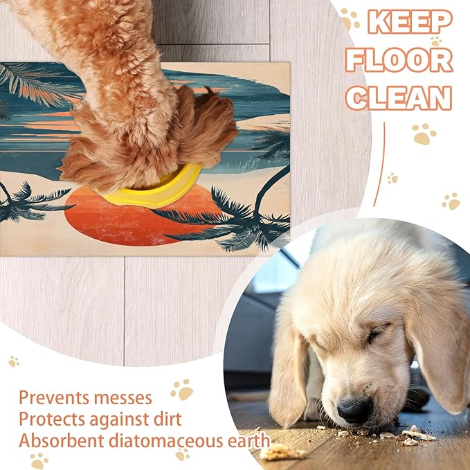 Beach Sunset Dog Food Mat for Floors Absorbent, Quick Dry Water Dispenser Mat for Food, Water, Pet Supplies 16" x 24", Boho Mountain