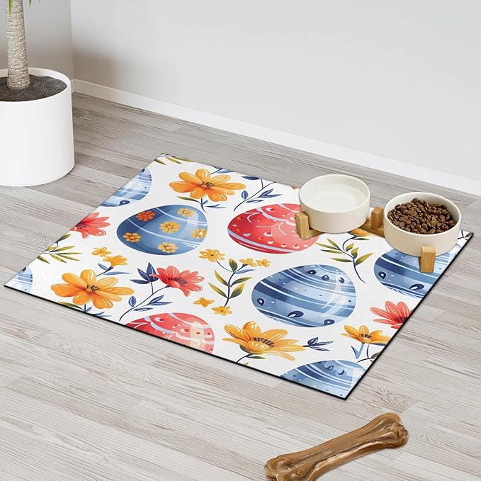 Spring Easter Eggs Dog Food Mat for Floors Absorbent Dog Bowl Mat for Food and Water Dispenser Quick Dry Cat Food Placemat Pet Supplies 16" x 24", Floral