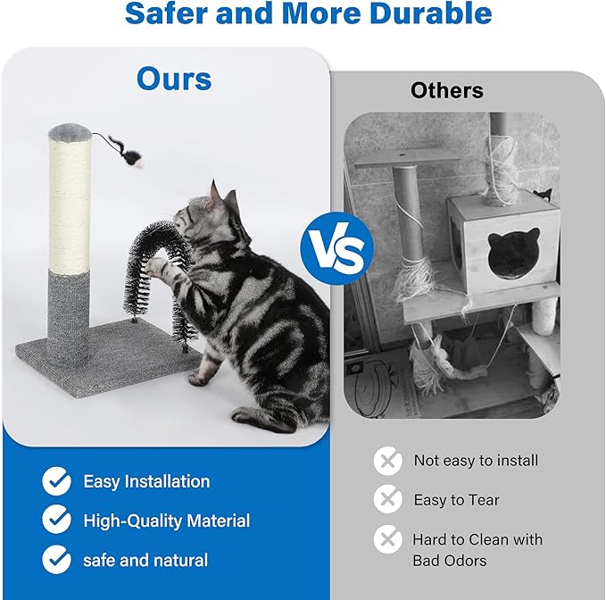 Simple Deluxe Small Cat Scratching Post with Arch Self Groomer, 18 Inches Scratching Post for Indoor Kitten to Adult Cats, Stable Sisal Post with Extra Interactive Dangling Plush Toy, Gray