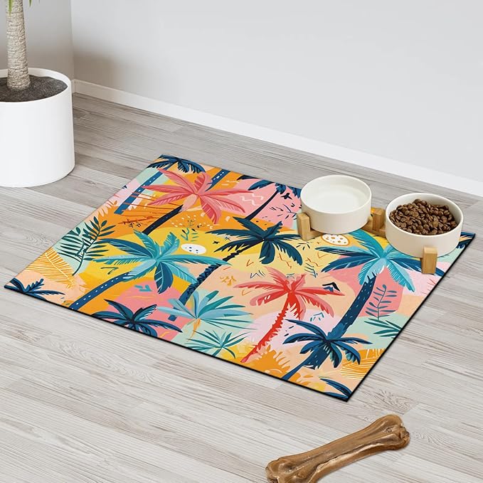 Palm Tree Dog Food Mat for Floors Absorbent, Quick Dry Water Dispenser Mat for Food, Water, Pet Supplies 17" x 30", Tropical Plant