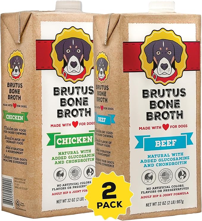Brutus Broth for Dogs - All Natural Bone Broth for Dogs with Chondroitin Glucosamine Turmeric -Human Grade Dog Food Toppers - Beef and Chicken Bundle