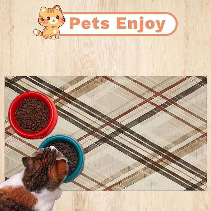 Buffalo Check Dog Food Mat for Floors Absorbent, Quick Dry Water Dispenser Mat for Food, Water, Pet Supplies 17" x 30", Retro Plaid