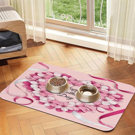 Pet Feeding Mat Happy Mother's Day Floral Gift for Mom Gw Absorbent Pet Placemat for Food Water Bowl with Waterproof Rubber Backing 24x16In Quick Dry Water Dispenser Mat Dog Cat
