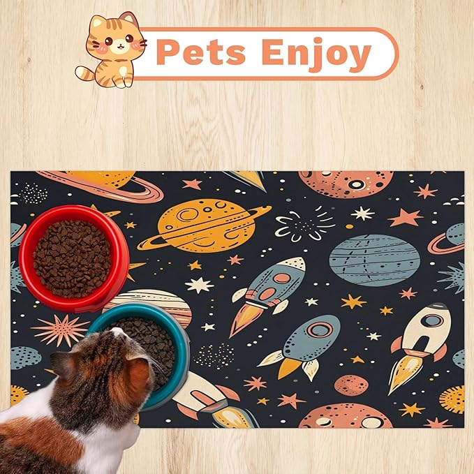 Space Rocket Dog Food Mat for Floors Absorbent, Quick Dry Water Dispenser Mat for Food, Water, Pet Supplies 24" x 32", Cartoon Planet