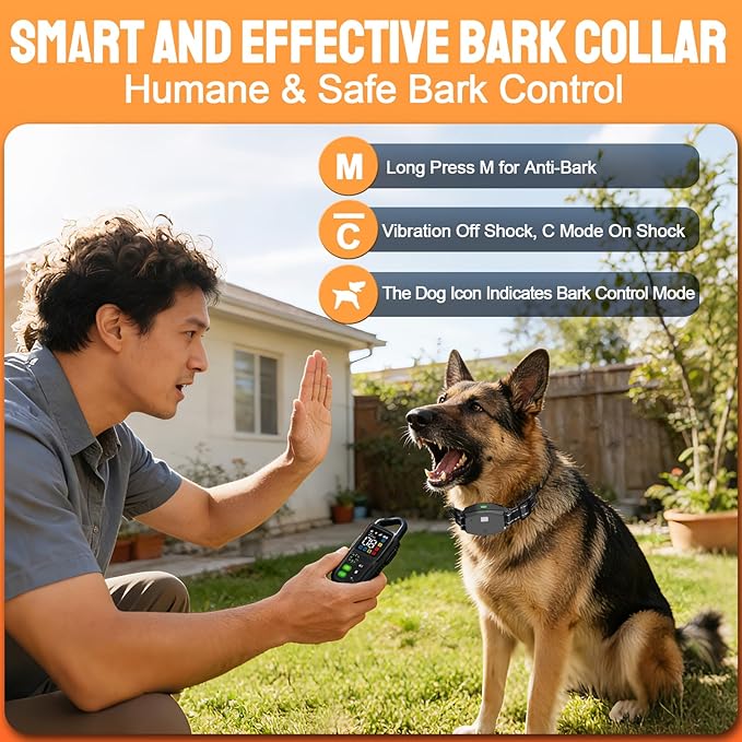 2-in-1 Dog Training Collar & Bark Collar, Safety Lock Remote, Adjustable Beep,Vibration & Shock,990ft Range, IPX7 Waterproof Dog Collar for 3 Dogs,Medium & Large,LED Light,Compass & Carabiner-1 Collar
