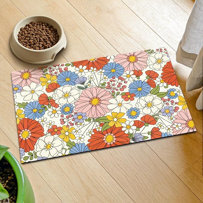 GLOBLELAND Florals Pet Food Mat for Floors 11.8×20 inch Dogs Food Mats Absorbent Dog Bowl Mat Quick Dry Dog Cat Pet Placemats Pets Supplies for Water Dispenser