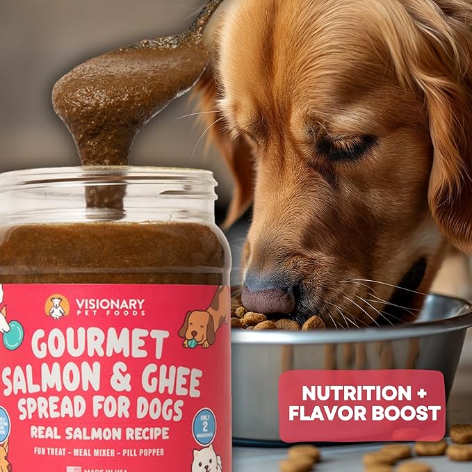 Visionary Pet Foods Salmon and Ghee Meat Spread, Dog Safe - Natural Peanut Butter Alternative - Digestive Support, No Additives - Meal Topper or Lick Mat Treat - 12oz Jar