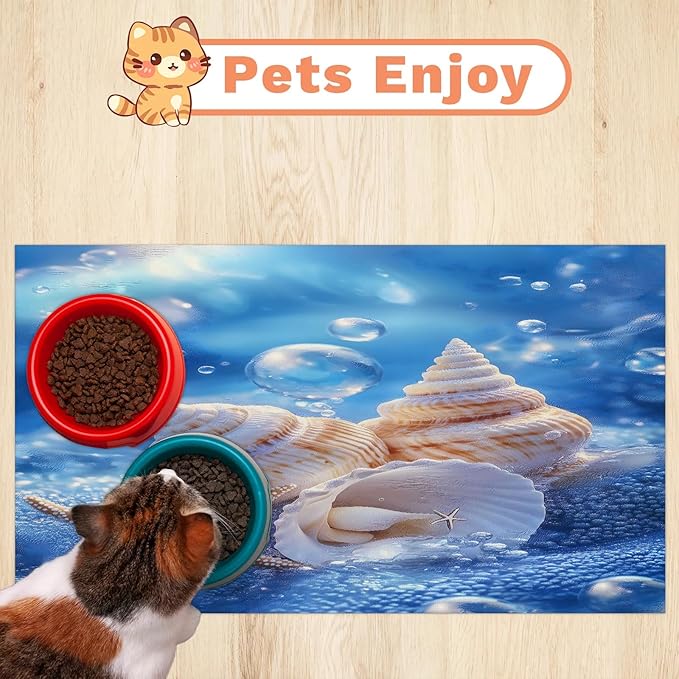 Ocean Beach Dog Food Mat for Floors Absorbent Dog Bowl Mat for Food and Water Dispenser Quick Dry Cat Food Placemat Pet Supplies 17" x 30", Starfish Seashells