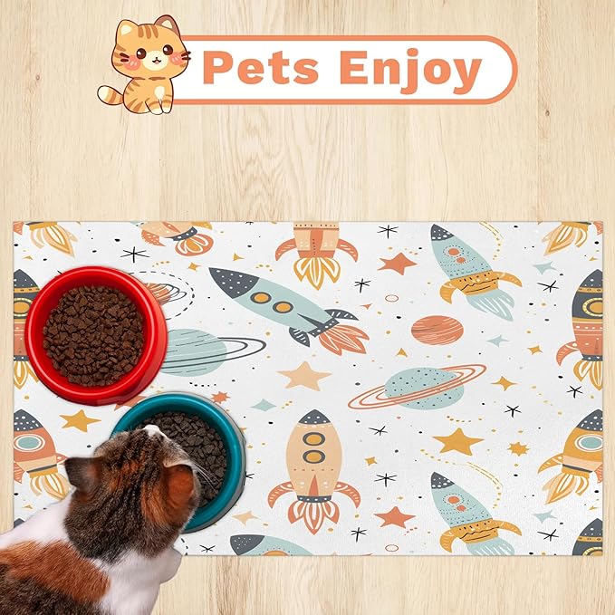 Outer Space Dog Food Mat for Floors Absorbent, Quick Dry Water Dispenser Mat for Food, Water, Pet Supplies 12" x 20", Rocket
