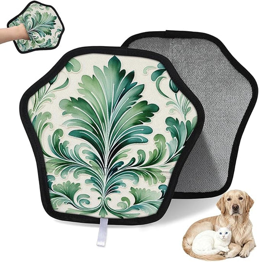 Green Floral Print Electrostatic Pet Hair Removal Glove for Cats & Dogs - Reusable Grooming Mitt for Couch, Carpet, Car Seat & Laundry - Large 9x9 Inch