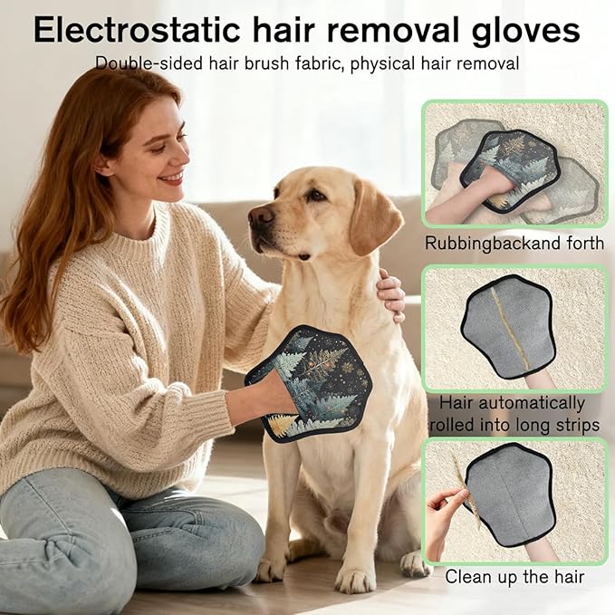 Reusable Pet Hair Removal Glove Winter Trees Theme Magic Brush for Cat & Dog Hair Remover for Car, Sofa, Bedding, Clothes - 9x9 Mitt Washable
