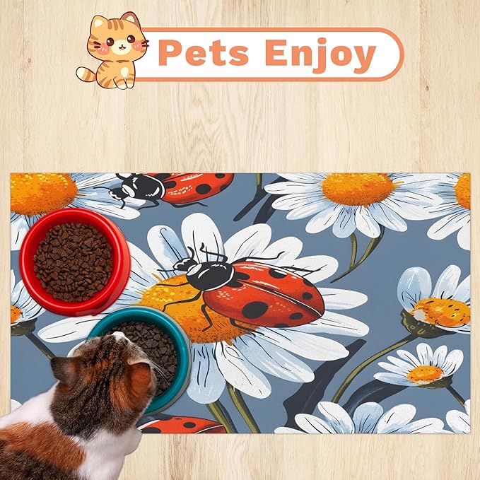 Red Ladybird Dog Food Mat for Floors Absorbent, Quick Dry Water Dispenser Mat for Food, Water, Pet Supplies 12" x 20", Daisy Flower