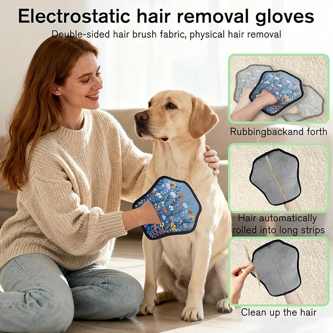 Reusable Pet Hair Removal Glove Wildflower Theme Magic Brush for Cat & Dog Hair Remover for Car, Sofa, Bedding, Clothes - 9x9 Mitt Washable