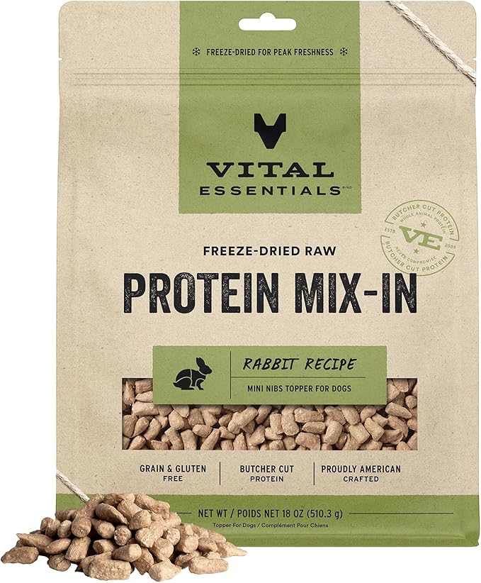 Vital Essentials Freeze Dried Raw Dog Food Topper, Rabbit Mini Nibs Topper for Dogs | High Protein, Low Carb, Grain Free, Dry Dog Food Topper | 18 oz