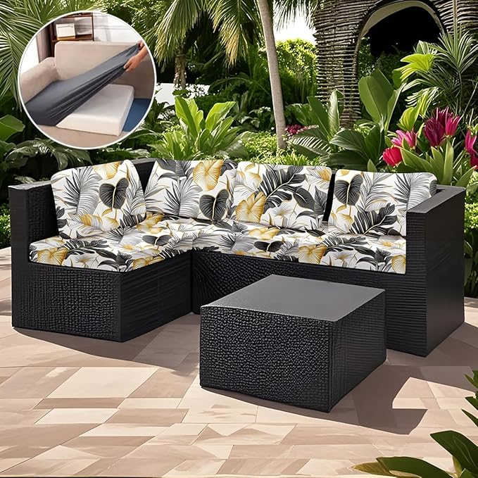 HANDONTIME 8Pcs Outdoor Patio Cushion Covers Tropical Palms Stretch Couch Cushion Cover Patio Couch Slipcover for Outdoor/Indoor Washable Non-Slip Furniture Protector for Pet (Black Gold, Cover Only)