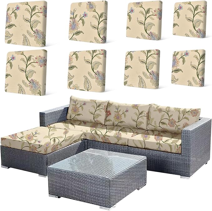 HANDONTIME 8Pcs Patio Cushion Covers Stretch Outdoor Couch Cover Replacement Cushions for Outdoor Furniture Waterproof Patio Furniture Cover for Pets Sofa Covers Washable (Boho Floral,Cover Only)