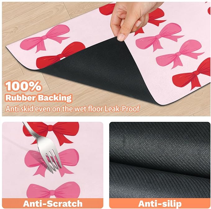Cute Bow Dog Food Mat for Floors Absorbent, Quick Dry Water Dispenser Mat for Food, Water, Pet Supplies 17" x 30", Bowknot