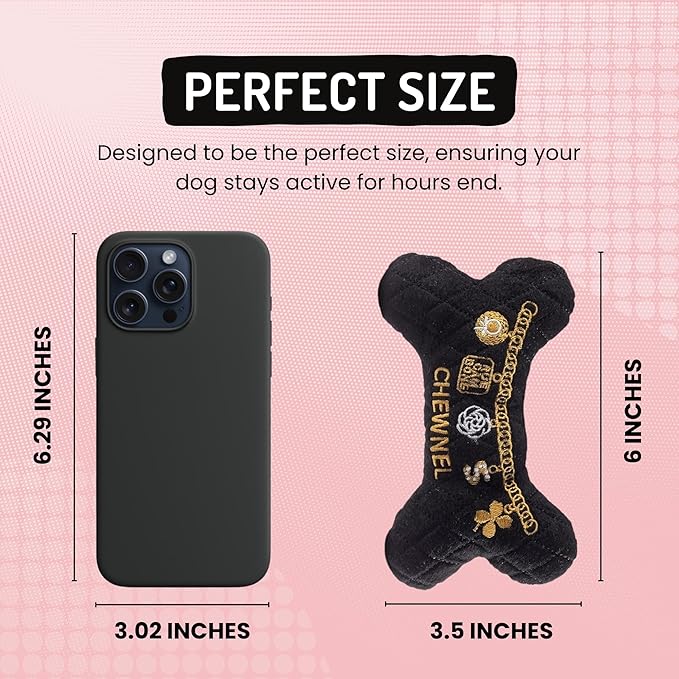 Dog Diggin Designs Chewnel “LBD” Plush Dog Toy Bone | Luxury-Inspired Parody Designer Bone with Squeaker, Soft Plush Chew & Play Dog Toy – Prêt-à-Porter Play