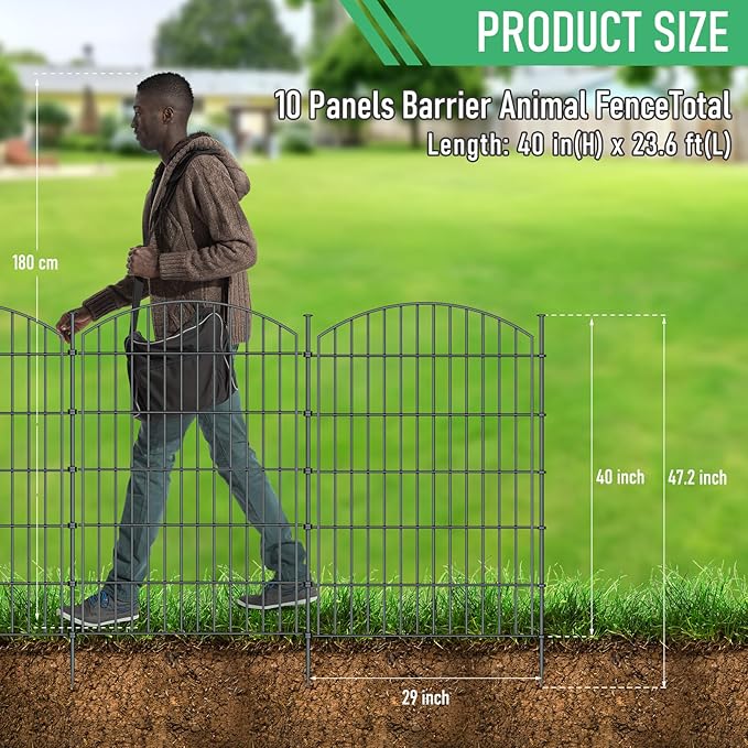 10 Panels Garden Fence Dog Fence Outdoor for Yard, 40in H x 23.6ft L Rustproof Metal Fencing with Ground Stakes | No Dig Animal Proof Containment for Pets/Rabbits | Durable Patio Security Panels
