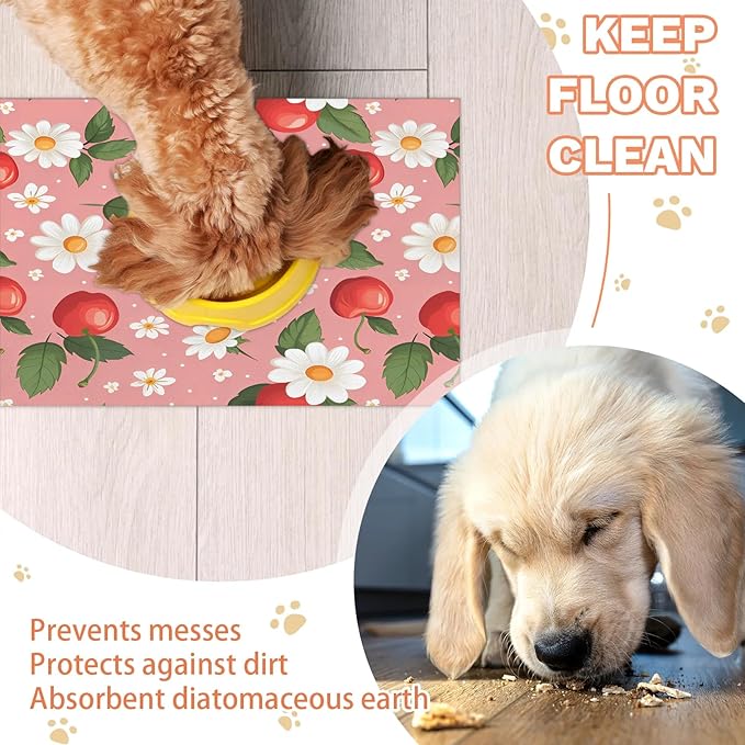 Red Cherry Dog Food Mat for Floors Absorbent Dog Bowl Mat for Food and Water Dispenser Quick Dry Cat Food Placemat Pet Supplies 16" x 24", Daisy Flowers
