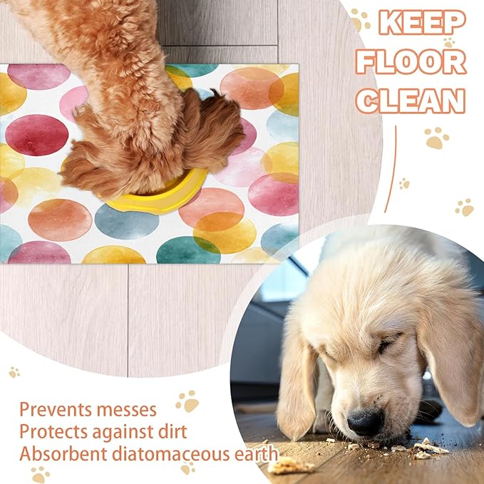 Polka Dot Dog Food Mat for Floors Absorbent Dog Bowl Mat for Food and Water Dispenser Quick Dry Cat Food Placemat Pet Supplies 24" x 32", Colorful Abstract