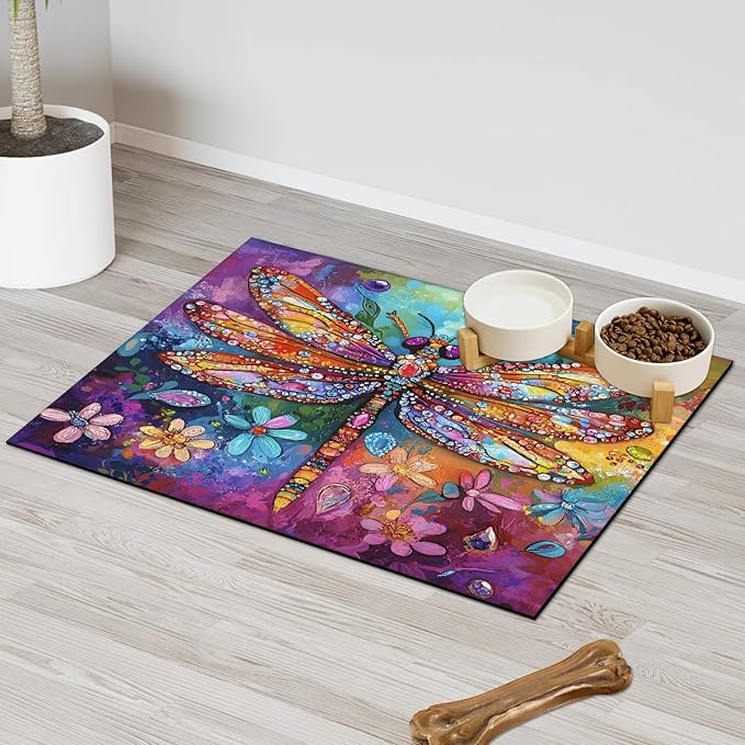 Watercolor Dragonfly Dog Food Mat for Floors Absorbent, Quick Dry Water Dispenser Mat for Food, Water, Pet Supplies 16" x 24", Floral