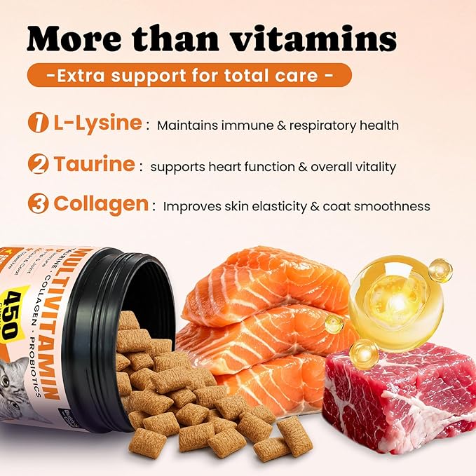Cat Vitamin Treats with L-Lysine & Taurine – 12 Essential Vitamins & 5 Minerals, Cat Multivitamin Supplement for Immune, Joint & Skin Support, Daily Health Formula for Indoor & Senior Cats – 450 Chews