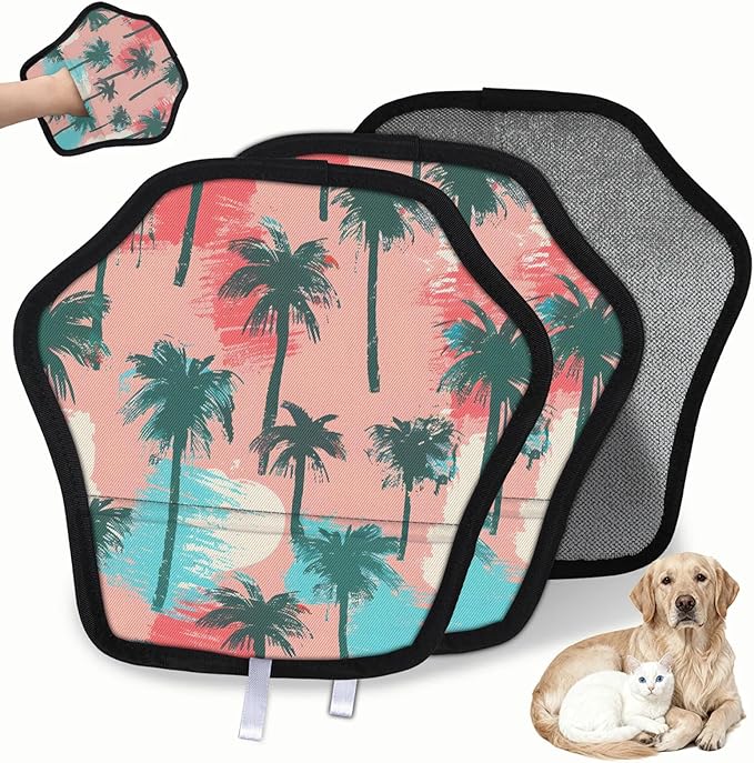 Coconut Trees Theme Electrostatic Pet Hair Removal Glove for Cats & Dogs - Reusable Grooming Mitt for Couch, Carpet, Car Seat & Laundry - Large 9x9 Inch