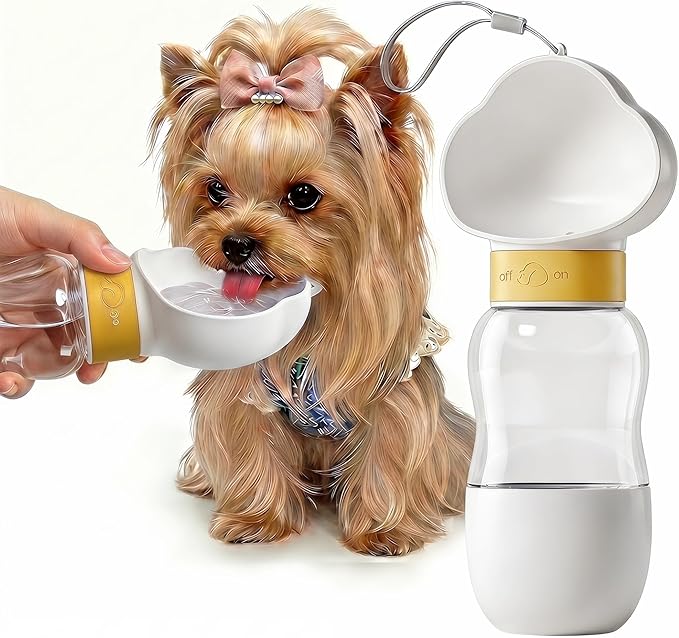 Dog Water Bottle Portable, Built-in Bowl and Dispenser for Dogs, Leak-Proof Bottles for Travel Accessories, Ideal Small Pet Supplies for Puppy Things (White, 11oz)