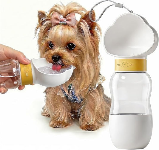 Dog Water Bottle Portable, Built-in Bowl and Dispenser for Dogs, Leak-Proof Bottles for Travel Accessories, Ideal Small Pet Supplies for Puppy Things (White, 11oz)