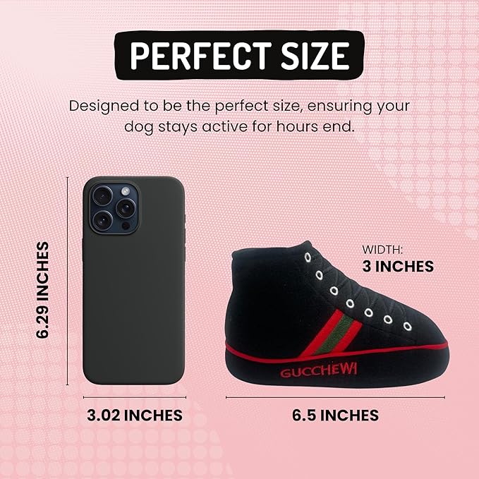 Dog Diggin Designs Gucchewi Plush Dog Toy Sneaker | Luxury-Inspired Parody Designer Bone with Squeaker, Soft Plush Chew & Play Dog Toy – Prêt-à-Porter Play!