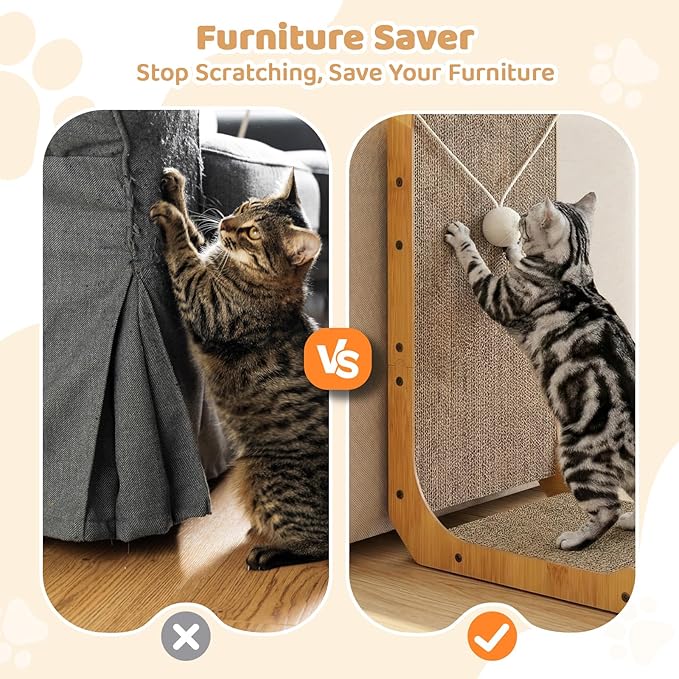 2-Pack Cat Scratching Board, 25.6'' Tall L-Shaped Cardboard Cat Scratcher with Hanging Ball Toy & Raised Edges, Vertical Cat Scratching Post for Indoor Cats, Wall & Couch Protector