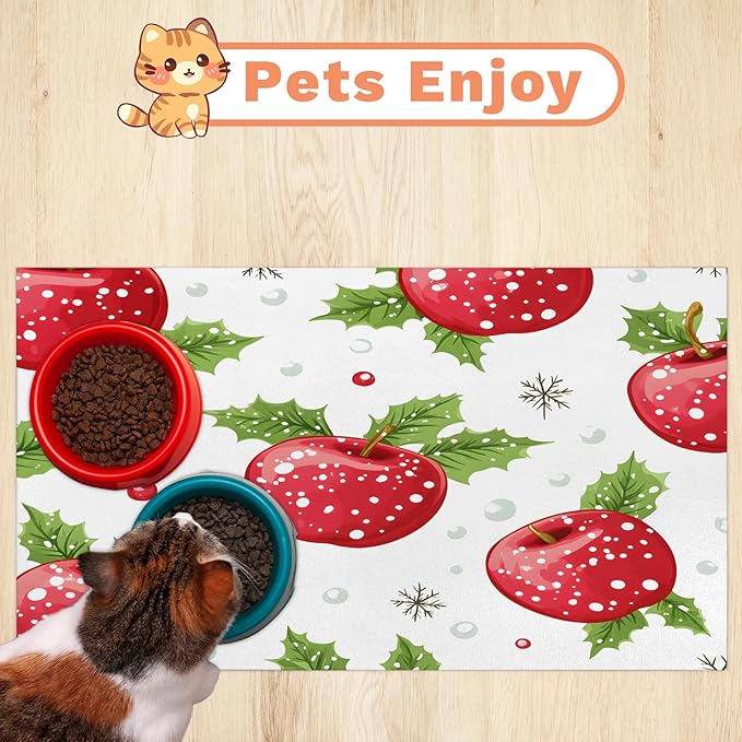 Merry Christmas Dog Food Mat for Floors Absorbent Dog Bowl Mat for Food and Water Dispenser Quick Dry Cat Food Placemat Pet Supplies 24" x 32", Red Apples
