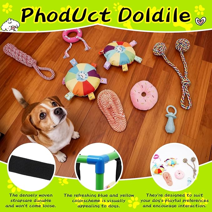 Puppy Play Gym with 8 Hanging Toys, Small Dogs Indoor Jungle Gym, PVC Frame with Bungee Straps Enrichment Activity Center