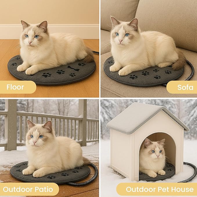 Pet Heating Pad for Cats Dogs Indoor & Sheltered Outdoor Waterproof Heated Cat Bed Heated Dog Bed Chew Resistant Cord Constant Temperature Gray Paw Print Round 16 Inch
