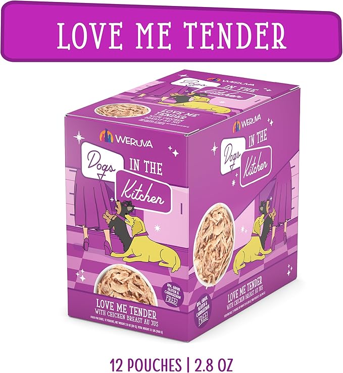 Weruva Dogs in The Kitchen, Love Me Tender with Chicken Breast Au Jus Dog Food, 2.8oz Pouch (Pack of 12), Purple