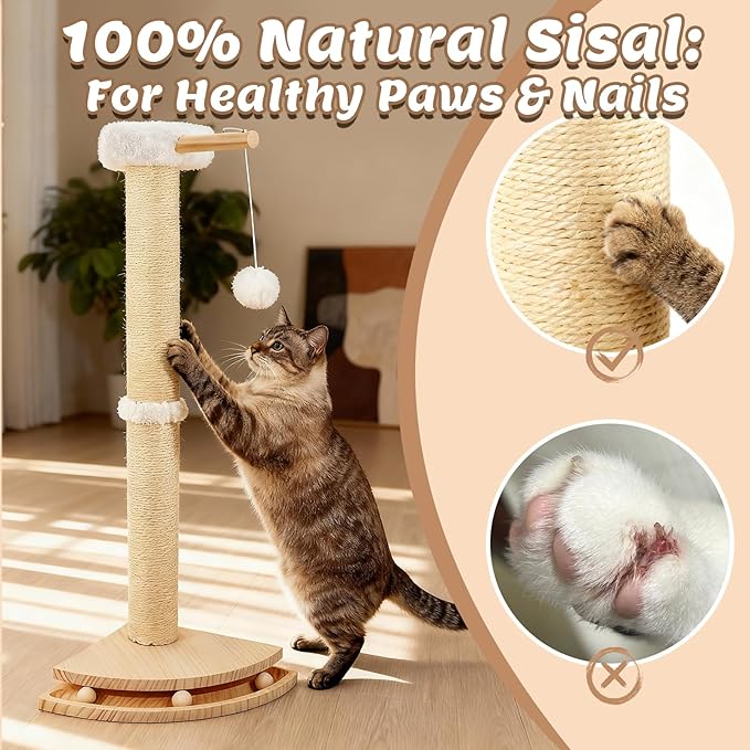 Cat Corner Scratcher with Interactive Ball Toys for Indoor Cats, Sisal Cat Scratching Post with Danging Ball for Wall Corners Furniture Protector 28''