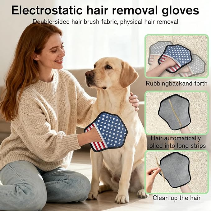 Stars Stripes Electrostatic Pet Hair Removal Glove for Cats & Dogs - Reusable Grooming Mitt for Couch, Carpet, Car Seat & Laundry - Large 9x9 Inch