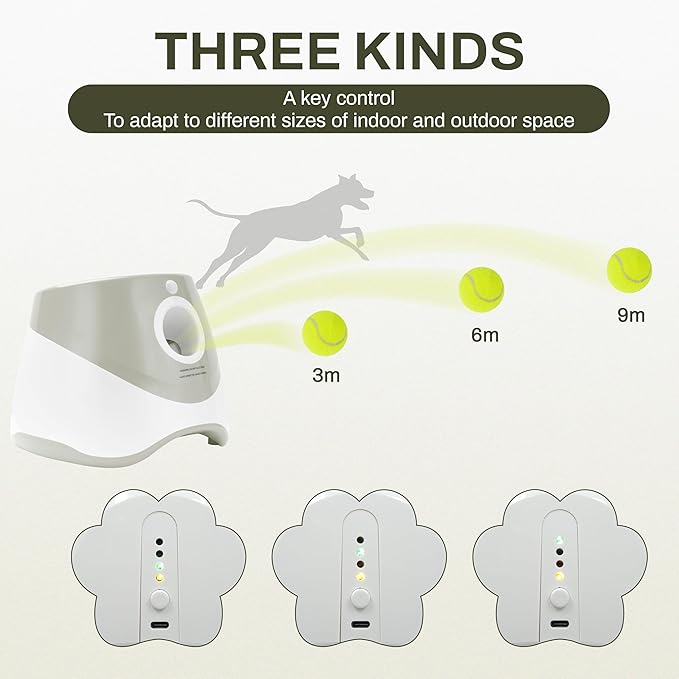 Elevon Dog Ball Thrower Launcher, Indoor/Outdoor Automatic Ball Launcher for Small and Medium-Sized Dogs, Includes 6 Mini Tennis Balls and a Data Line, Grey