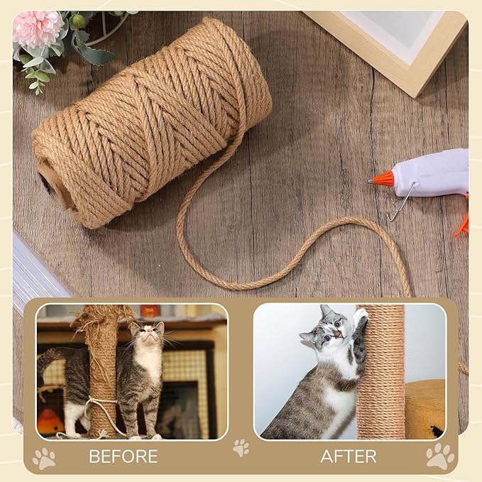 1/4inch ×164Ft Natural Cat Tree Hemp Rope, DIY Repair and Replace Scratching Post Sisal Rope for Scratching Post Cat Tree Tower DIY(Original Color)