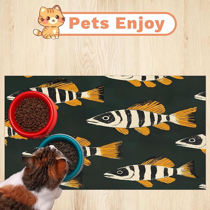 Fish Dog Food Mat for Floors Absorbent Dog Bowl Mat for Food and Water Dispenser Quick Dry Cat Food Placemat Pet Supplies 24" x 32", Fish Print