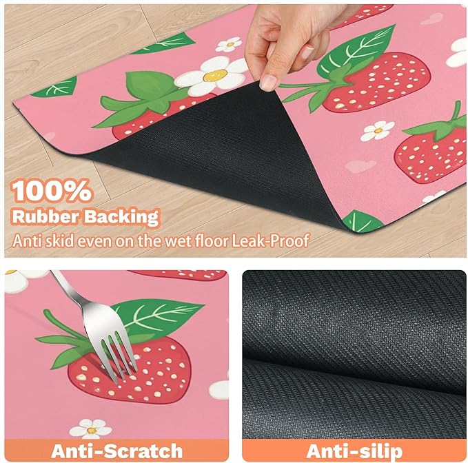 Strawberry Fruit Dog Food Mat for Floors Absorbent Dog Bowl Mat for Food and Water Dispenser Quick Dry Cat Food Placemat Pet Supplies 24" x 32", Cute Floral