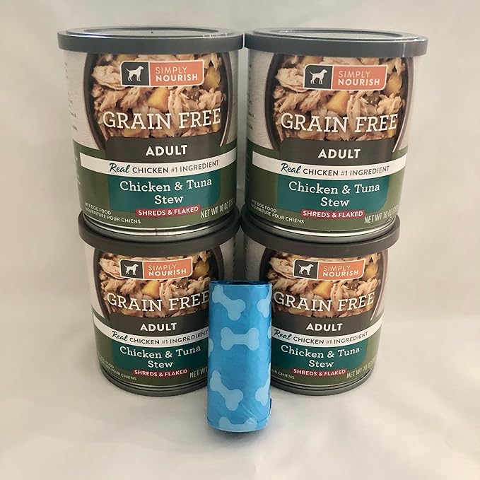 SIMPLY NOURISH Adult Canned Dog Food. Chicken & Tuna Stew Shreds & Flaked. 4-Individual 10 OZ Cans. Plus a Dog Waste Bag.