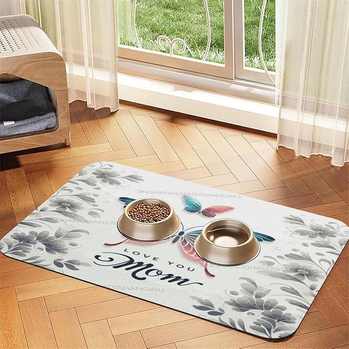 Dog Food Mats for Floors Absorbent Pet Cat Food Mat Happy Mother's Day Floral Gift Mom Butterfly Non Slip Dogs Bowl Mats for Water Dog Placemats Feeding Mat Pet Supplies 18X12In