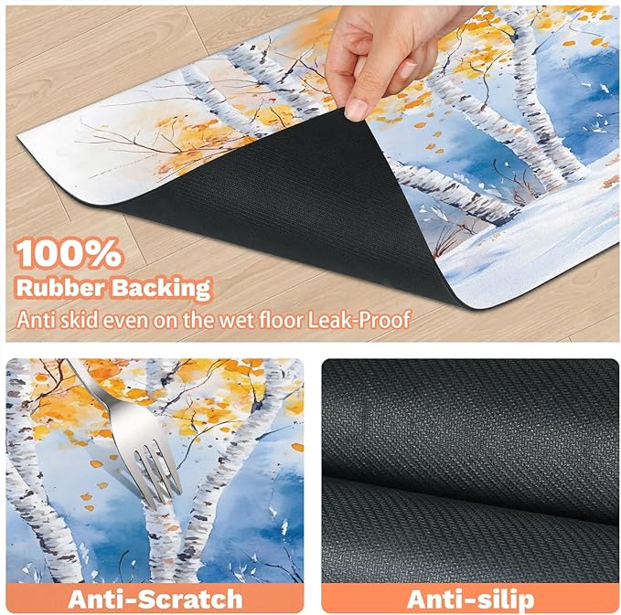 Deciduous Trees Dog Food Mat for Floors Absorbent, Quick Dry Water Dispenser Mat for Food, Water, Pet Supplies 16" x 24", Winter Scenery