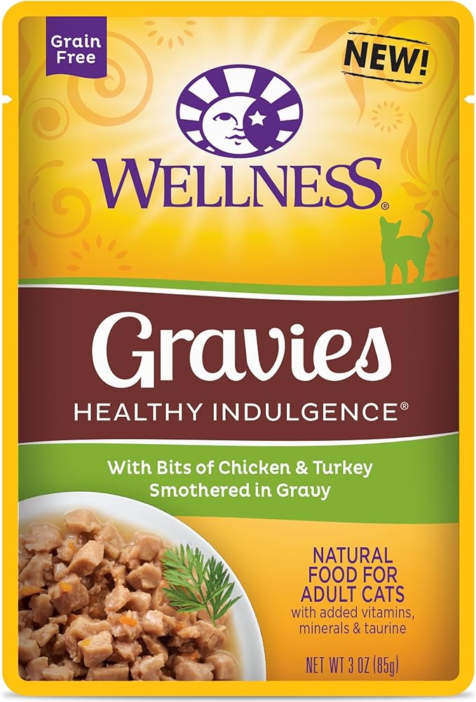 Wellness Natural Pet Food Healthy Indulgence Natural Grain Free Wet Cat Food, Gravies Chicken & Turkey, 3-Ounce Pouch (Pack Of 24)