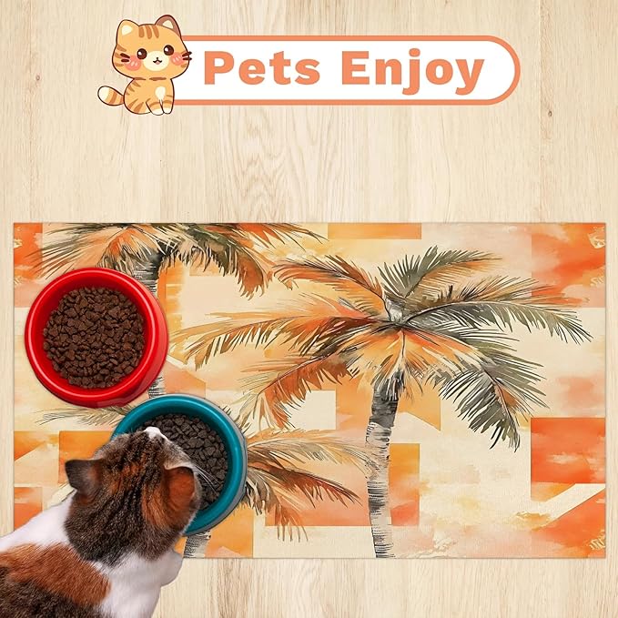 Palm Trees Dog Food Mat for Floors Absorbent, Quick Dry Water Dispenser Mat for Food, Water, Pet Supplies 24" x 32", Orange Hawaii